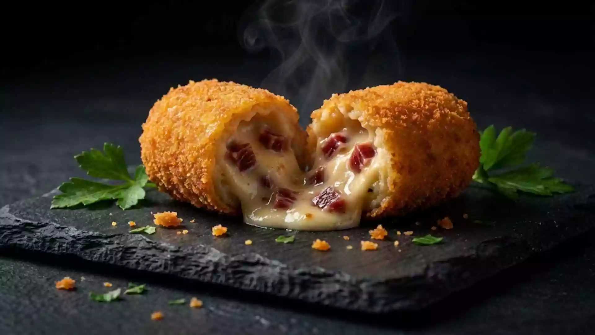 Detalle de croquetas de jamón con rebozado crujiente