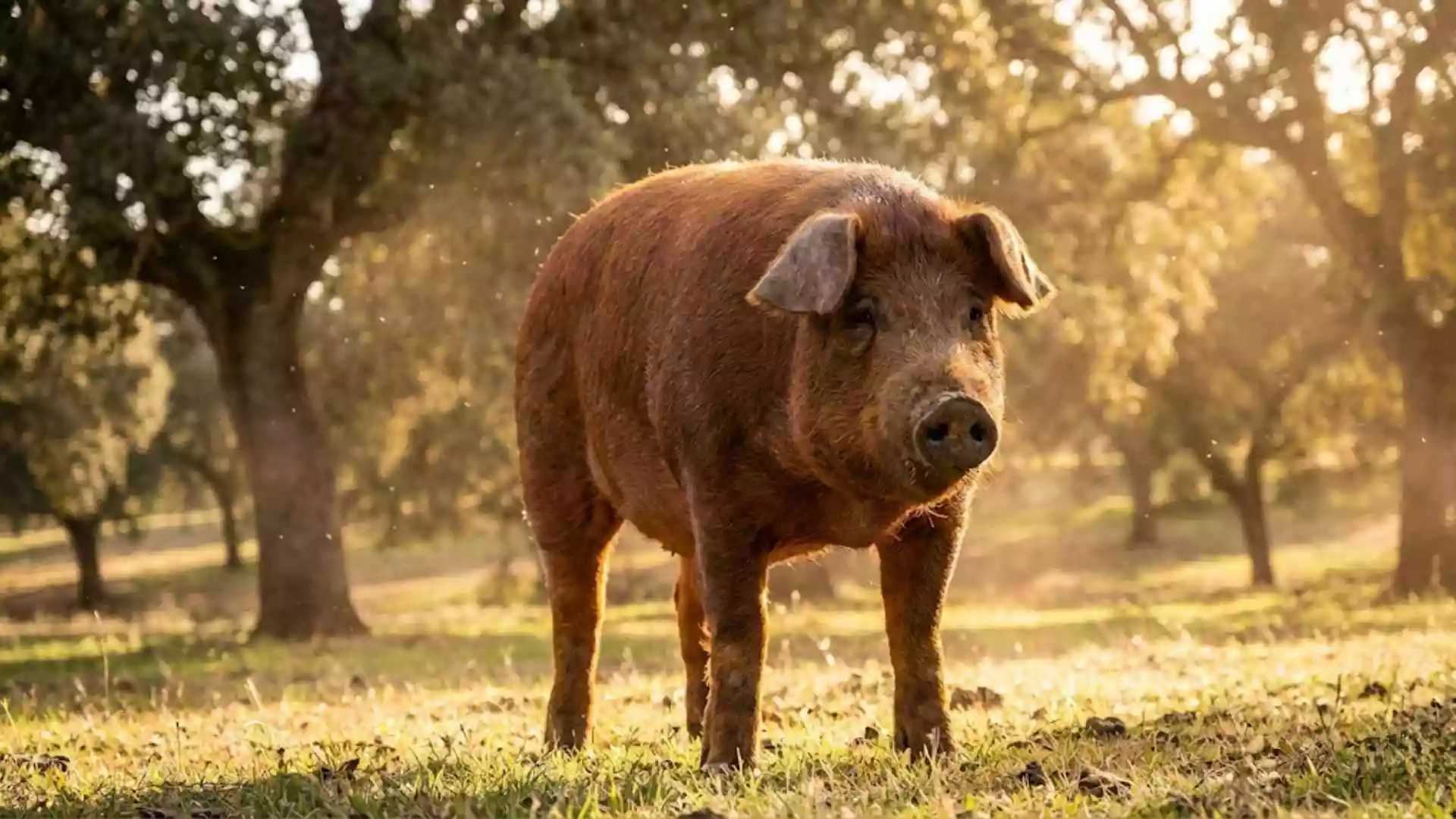 Cerdo de raza duroc en libertad mostrando sus características rojizas